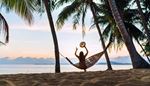 vacation, girl, hammock, sunhat, trunk, water, beach, palms, sand