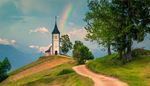 walkway, chapel, rainbow, mountain, cloud, entrance, tree, spire, hill