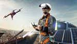 engineer, uniform, solarpanel, remote, helmet, city, sky, roof, beard, drone