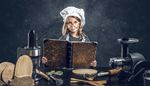juicer, cuttingboard, book, chef'shat, spatula, whisk, appliances, ladle, rollingpin, girl