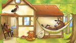 dog, donkey, strings, rooster, hammock, chair, shoes, house, lute, roof, cat