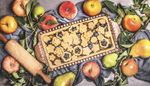 pfirsich, kuchen, blatter, tablett, apfel, birne, nudelholz