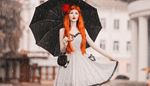 rain, gingerhair, prettywoman, polkadot, flower, umbrella, makeup, clutch, coquette, dress