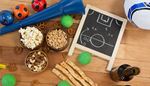 ball, chalkboard, vuvuzela, breadsticks, popcorn, peanuts, soccer, snack, strategy, pretzel, bottle, arrow