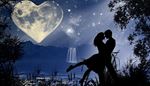 moon, constellation, waterfall, romance, mountain, crater, couple, lake, hug