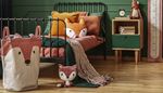 nightstand, blanket, measuringscale, toy, bedroom, alarm, books, pillow, bed, fox