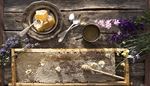 flowers, lavender, wood, chamomile, honeycomb, honey, spoon, plate, mug