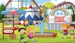 icecream, rollercoaster, cottoncandy, ferriswheel, children, carousel, rainbow, kiosk, pavilion, fountain, popcorn