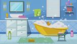 towel, foam, mirror, rubberduck, blinds, bubbles, sponge, sink, bath