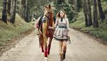 reins, cowboyboots, stirrup, belt, horsewoman, hooves, road, trunk, saddle, dress