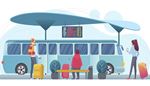 passengers, waiting, suitcase, bin, bus, bumper, wheel, board, bench, roof