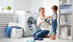 overalls, barefoot, shelf, windowsill, laundry, toy, jeans, mother, daughter, towel, washer, basket