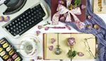 teaset, teastrainer, pocketwatch, macarons, petals, typewriter, chain, rose, bow, scarf