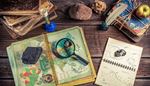 magnifier, geography, feather, knot, test-tube, sketch, notebook, inkwell, books, compass, atlas, map