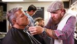 flatcap, barbershop, temple, tattoo, piercing, beardedman, grayhair, towel, barber, watch