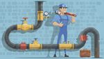 plumber, pressuregauge, overalls, shadow, bag, confidence, thumbup, wrench, pipeline, valve, cap