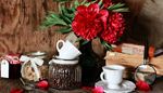 petals, scarlet, coffeebeans, magnifier, saucer, tag, sugar, peony, cup, jar, wood, bow