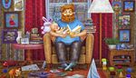 armchair, pregnancy, floorlamp, infant, toycar, nightstand, photo, lion, reading, curtain, vase, books, toy, cubes, table