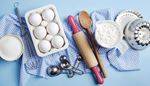 flour, measuringspoon, rollingpin, sugar, fabric, whisk, eggs, metal
