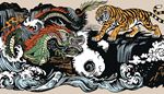 tiger, waterfall, fight, tail, rivals, scales, jaws, dragon, wave