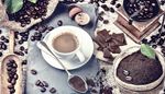 leaf, coffeegrinder, saucer, coffeebeans, chocolate, candies, coffee, scoop, teaspoon