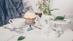 teapot, chrysanthemum, whippedcream, tablecloth, leaf, teaspoon, inscription, cupcake, cakestand, lace, key, cup