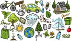 sun, peacesymbol, bicycle, bottle, cloud, wateringcan, fir, earth, cow, faucet, wind, sprout, drop, tree, rain