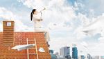 ladder, clouds, paperplane, businesswoman, roof, cityscape, suit, chimney, trumpet, ponytail