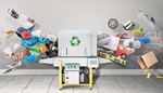 paintroller, spiritlevel, recycling, newspaper, truckbed, garbage, washer, plastic, cart, box