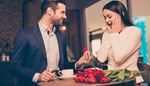 surprise, proposal, ring, engagement, happy, bouquet, coffee, cafe, jacket