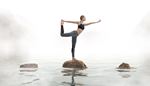 sportbra, balance, stone, pose, calm, yoga, lake, fog