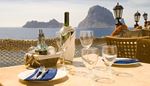 uitzicht, restaurant, gesteente, wijnglas, lantaren, bord, servet, olie, net, mes, vork, zee