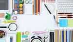 scotch, watercolors, protractor, paperclip, compass, sharpener, magnifier, keyboard, eraser, ruler