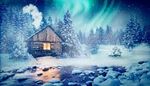 aurora, snofall, vinter, royk, hytte, lys, bekk, sno, skog