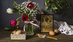 candles, ribbon, branch, gypsophila, icon, tulip, feather, eggs