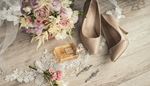 perfume, pumpsshoes, earrings, bridalveil, boutonniere, bouquet, beige, rose, heel, lace