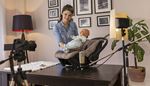 floorlamp, microphone, camera, filming, safetyseat, table, sleepsuit, photo, doll, pot, plant