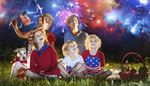 basket, fireworks, children, dog, america, flag, grass