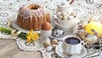 eggcup, quaileggs, daffodil, saucer, teaspoon, kulich, tea, ribbon, egg