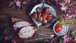 spearmint, strawberries, dragonfruit, teaspoon, knife, flowers, bowl