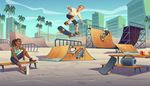 skateboard, skateboarder, halfpipe, skull, bench, palms, graffiti, city, jump