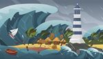 tsunami, lighthouse, disaster, wharf, sailboat, hut, boat, damage, wind, palm, rain, wave, storm