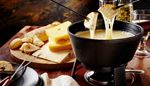 burner, castiron, plate, wineglass, caldron, fork, cheese, fondue, bread