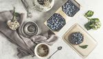 tartlet, blueberries, hydrangea, vase, cup, package, coffee, fork, fabric, leaf