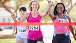 shorts, finish, marathon, women, runner, winner, number, blonde, tanktop, pink