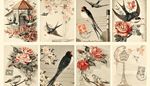 swallows, postagestamp, postcard, letter, blossom, cage, flower, roof, wire, stamp, rose