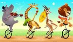 gazelle, icecream, music, scarf, giraffe, violinbow, tophat, horns, lion, violin