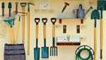 shelf, wateringcan, exhibition, shears, pitchfork, hose, barrel, scoop, plate, rake, shovel, hoe