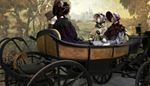 sleeve, wheel, mannequin, background, carriage, forest, jabot, museum, dress, hat