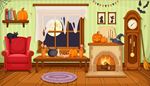 clock, pumpkin, fireplace, halloween, broom, armchair, shelf, moon, bat, firewood, sweets, web